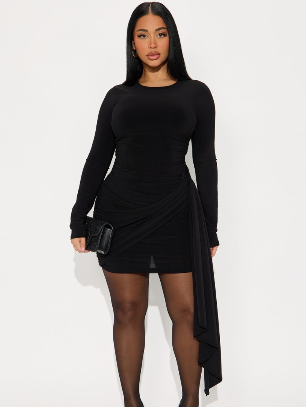 Fashion Nova Stella Ruched Long Sleeve Mini Dress - Black (1X) (EUC)